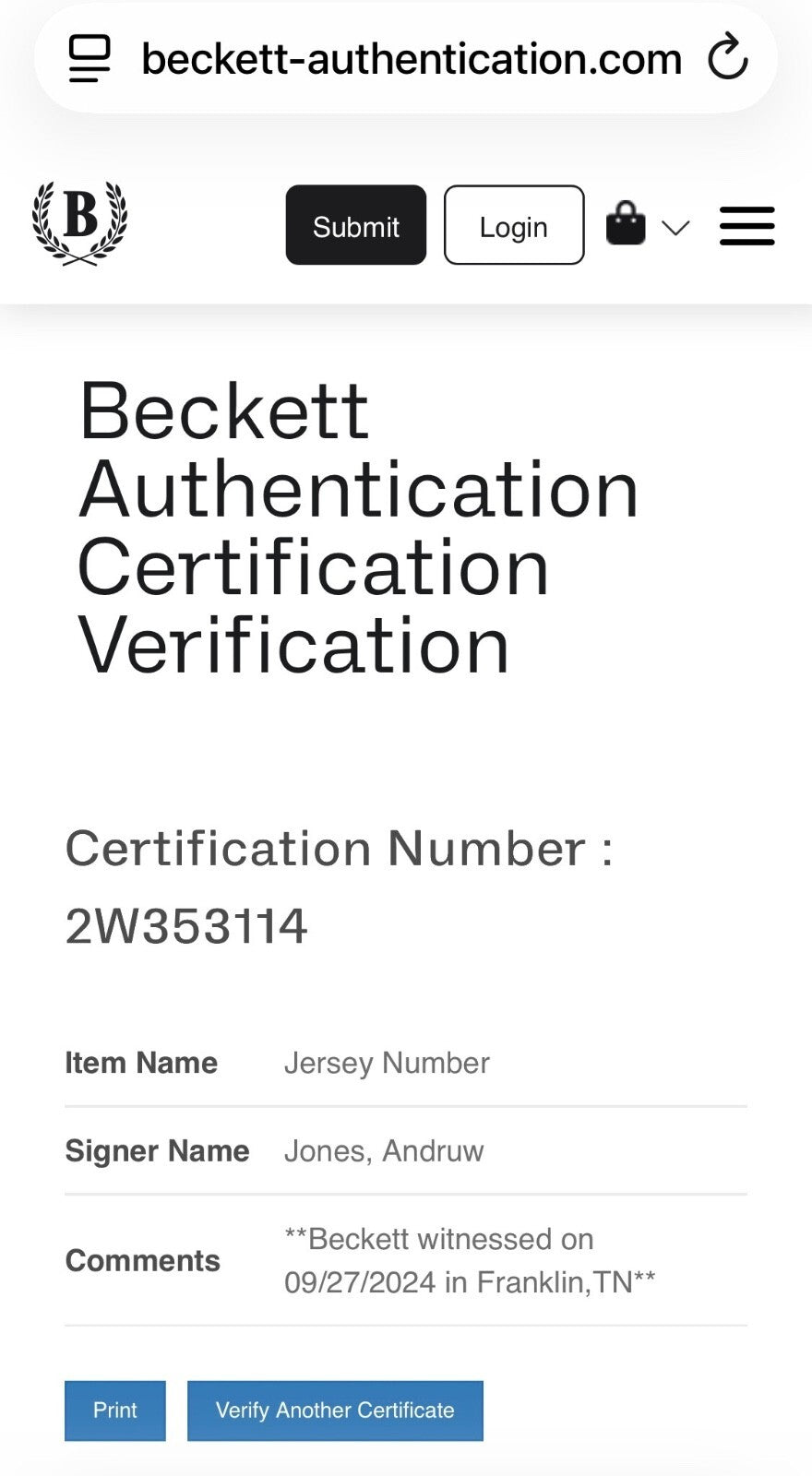 Andruw Jones Signed Atlanta Braves Jersey — Beckett Witness Certified