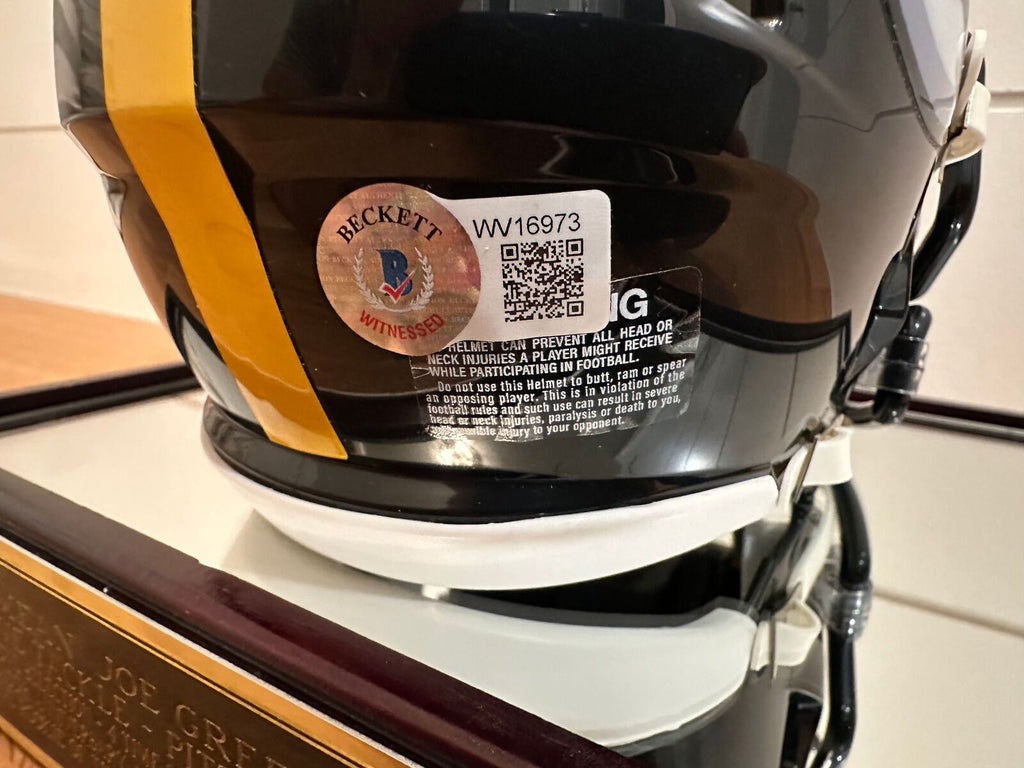 Mean Joe Greene Signed Steelers Riddell Mini Helmet Beckett Witnessed + Display