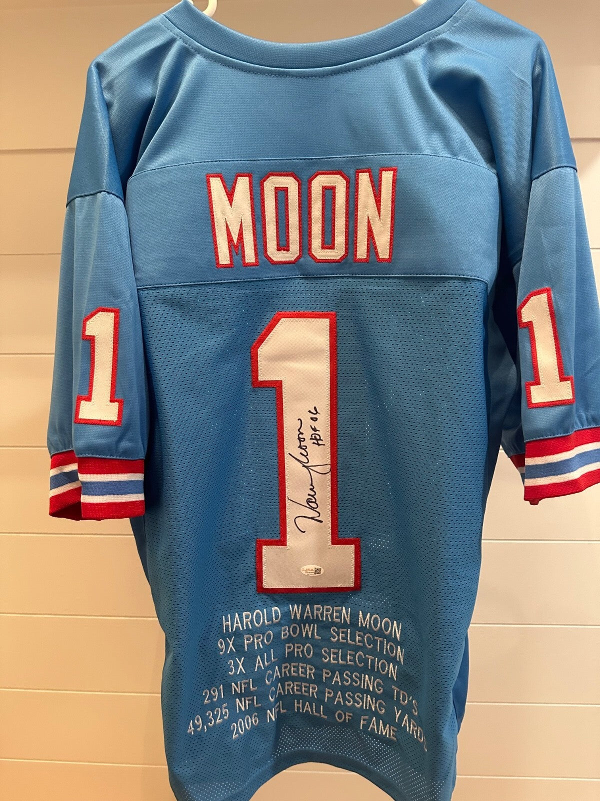 Warren Moon Signed Houston Oilers Stat Jersey – HOF 06 – JSA Witnessed
