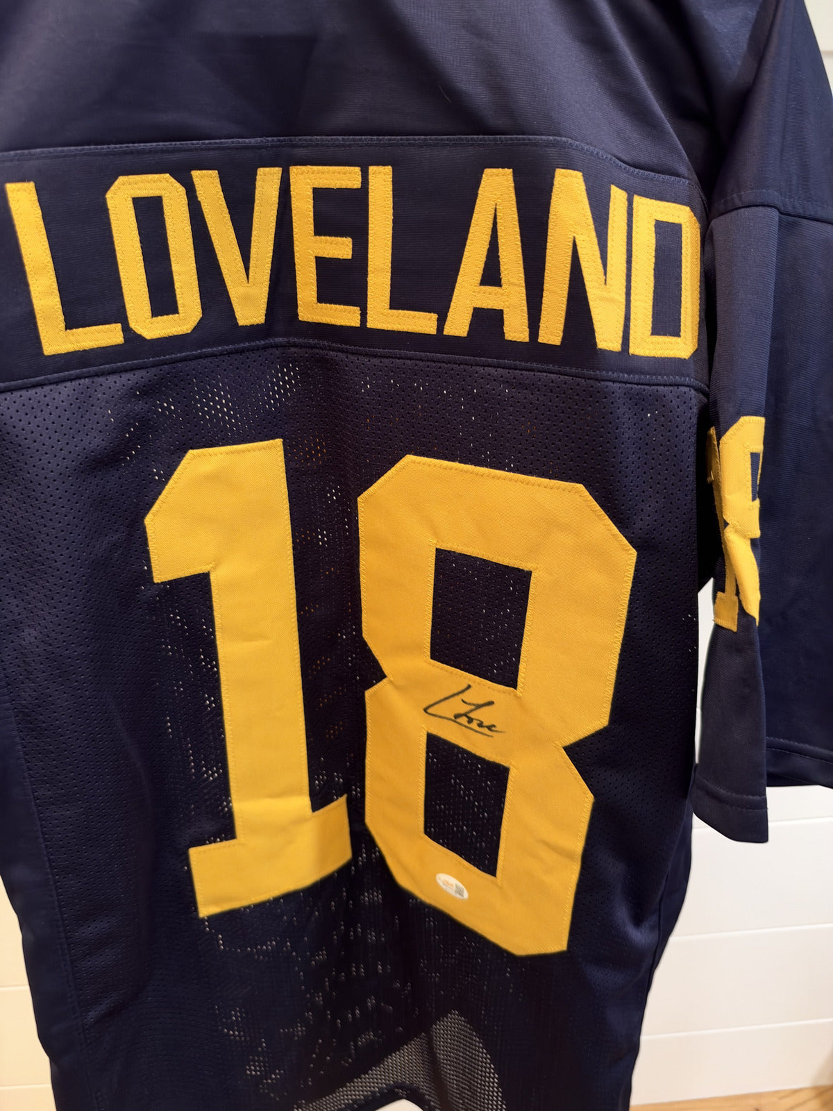 Colston Loveland Signed Michigan #18 Navy Custom Jersey JSA Witnessed Autograph