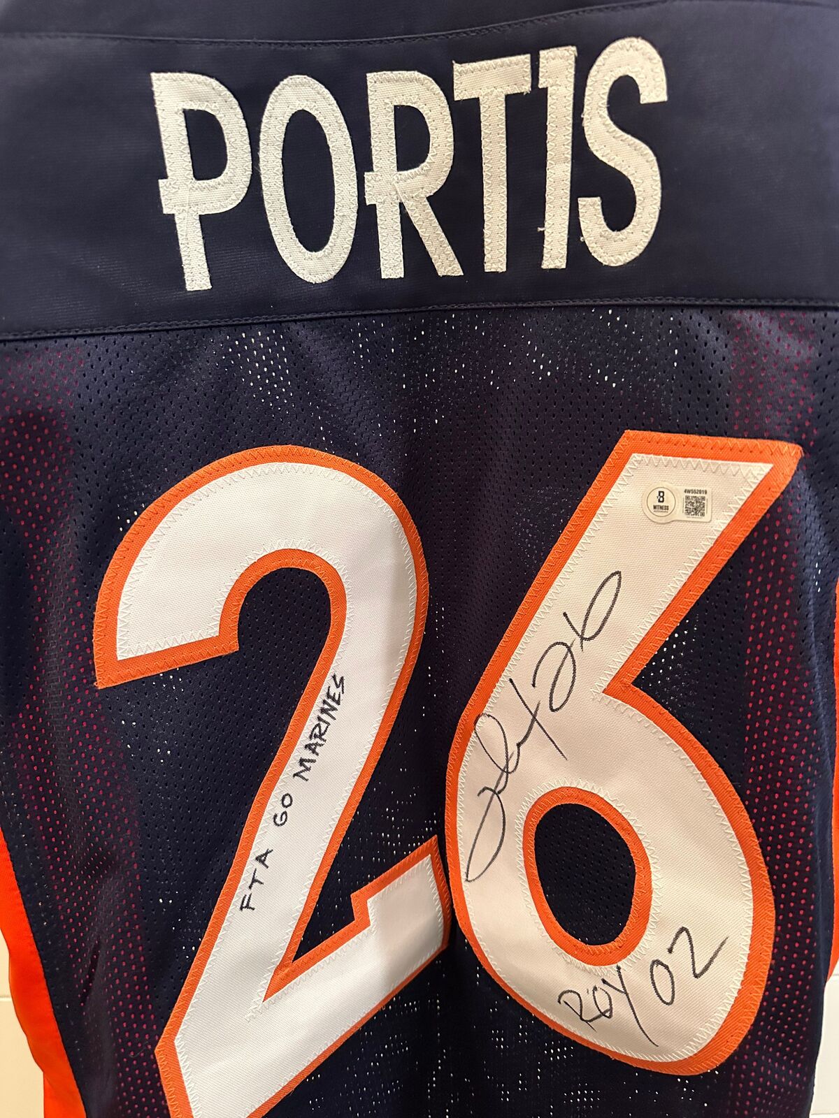 Clinton Portis Signed Denver Broncos #26 Jersey – “FTA Go Marines” & “ROY 02” –