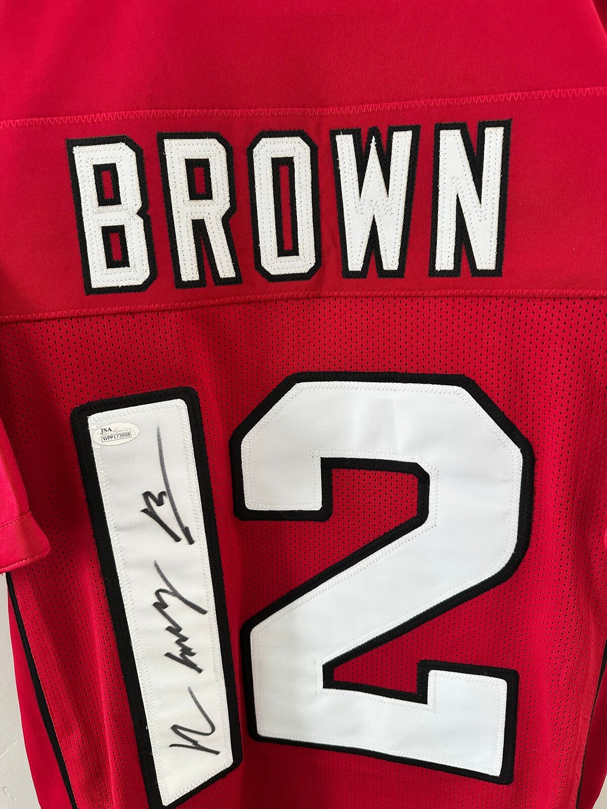 John Brown Signed Red #12 Football Jersey – JSA Witnessed COA