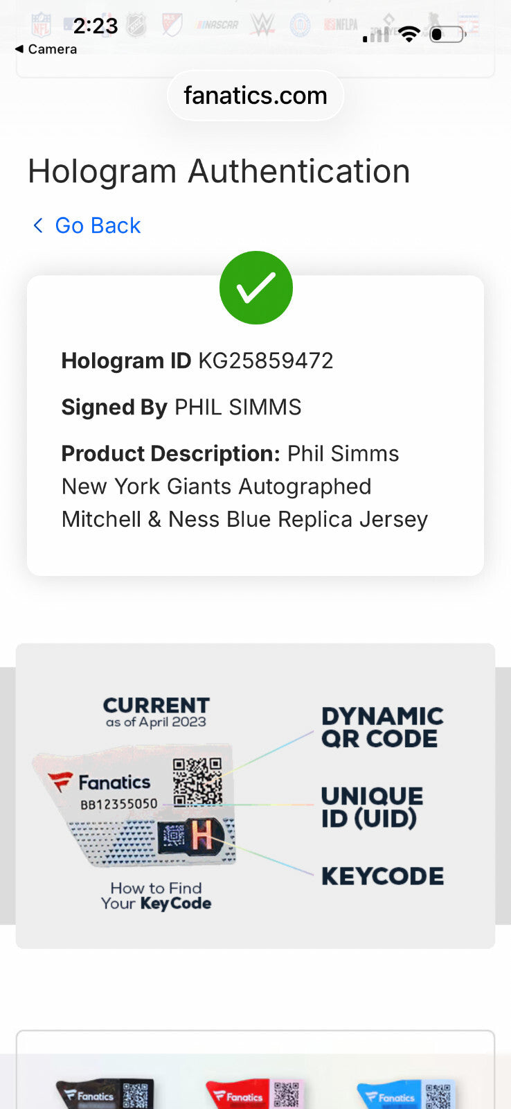 Phil Simms Signed Mitchell & Ness Autographed & Inscribed Fanatics NY Giants
