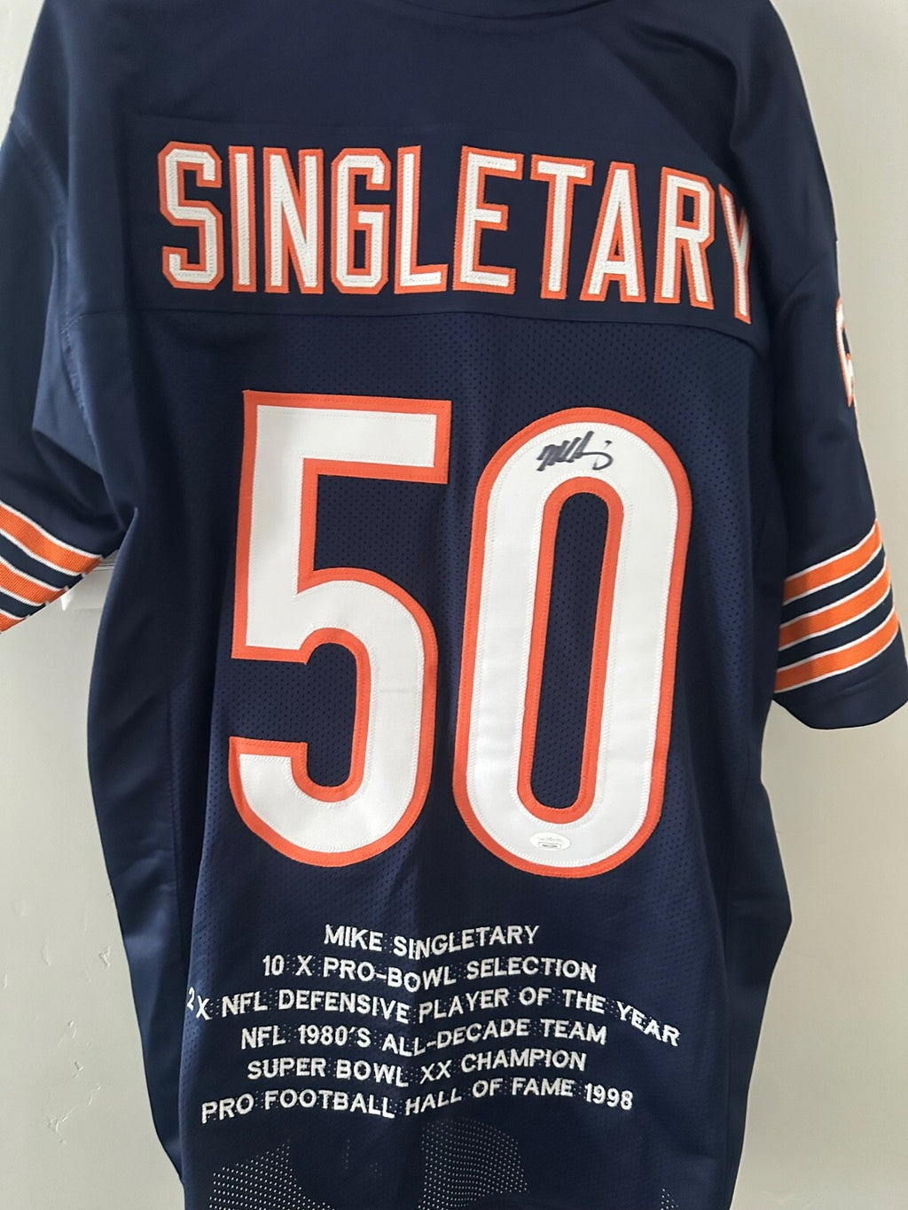 Chicago Bears Mike Singletary Autographed Pro Style Blue Stat Jersey JSA Auth...