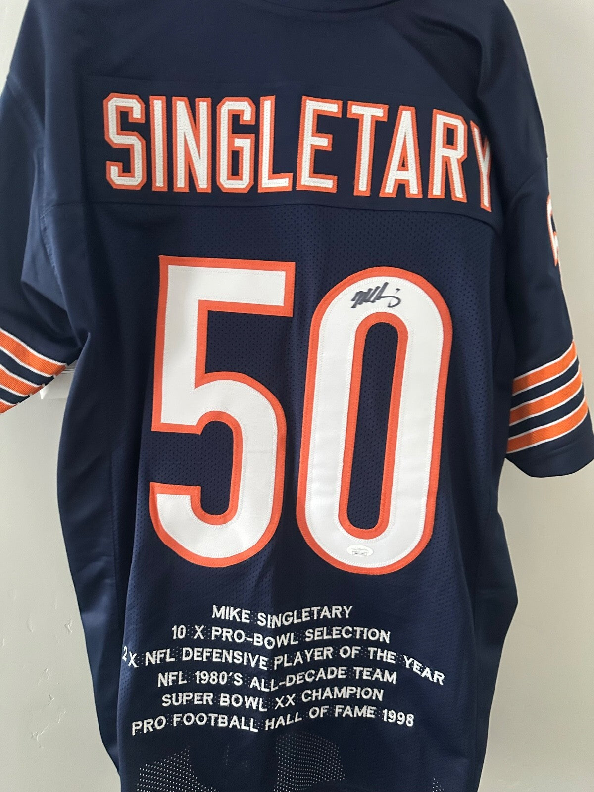 Chicago Bears Mike Singletary Autographed Pro Style Blue Stat Jersey JSA Auth...
