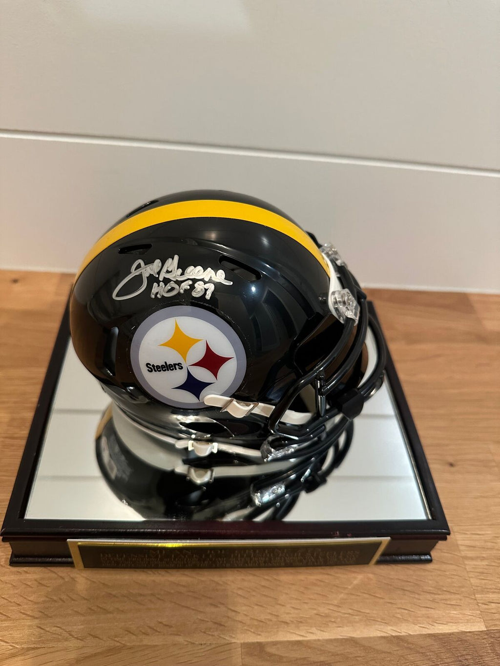 Mean Joe Greene Signed Steelers Riddell Mini Helmet Beckett Witnessed + Display