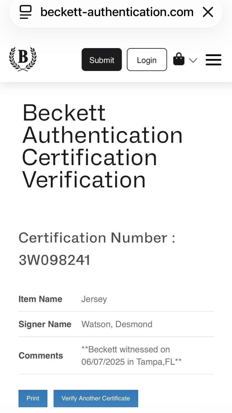 Desmond Watson Signed Tampa Bay Buccaneers #56 Jersey – Beckett Witnessed