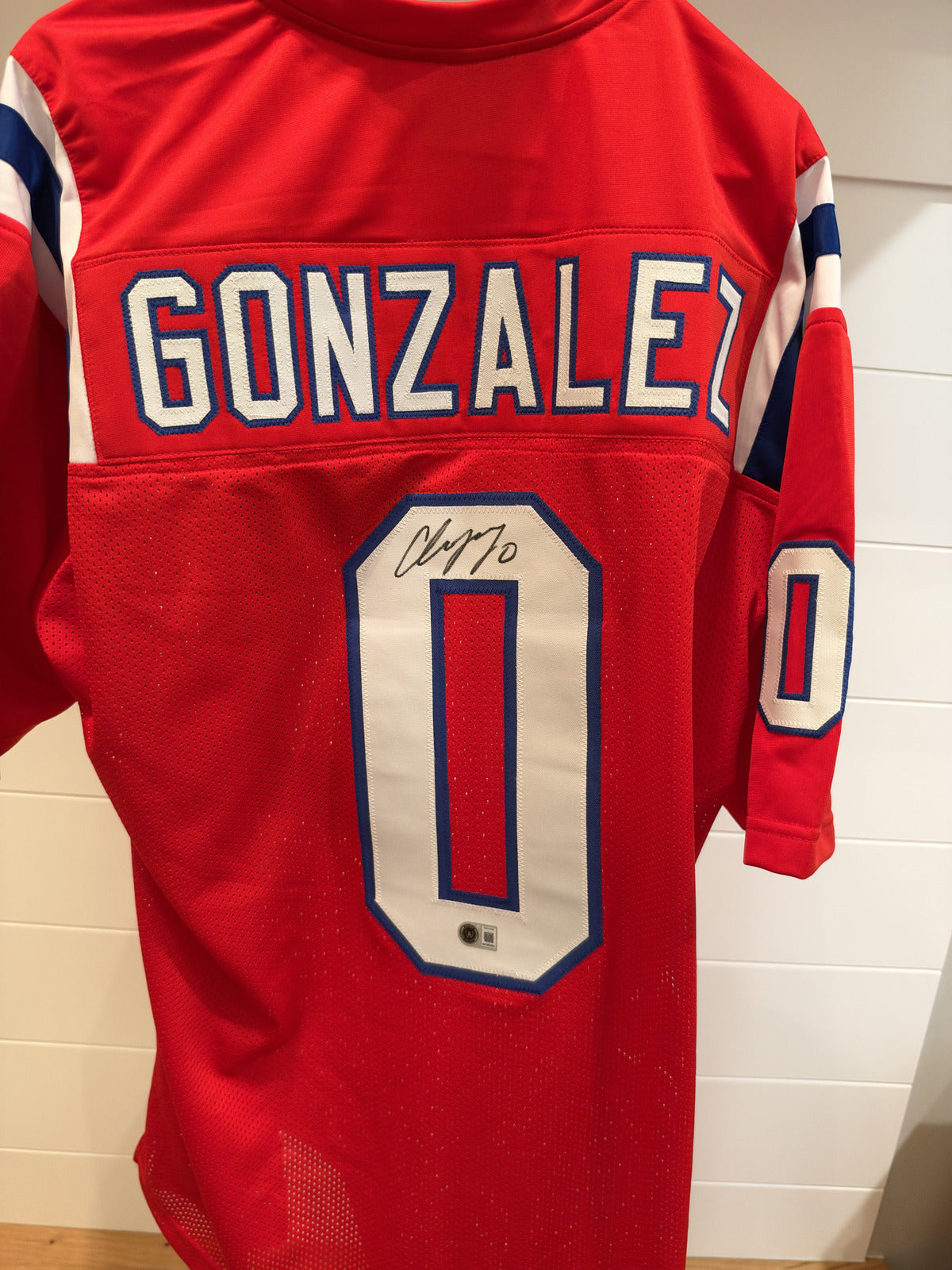 Christian Gonzalez Signed Patriots #0 Red Custom Jersey Beckett Witnessed BAS
