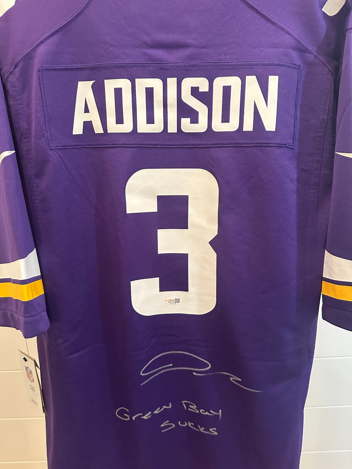 Jordan Addison Signed Vikings Nike Jersey – “Green Bay Sucks” – JSA  – Size L