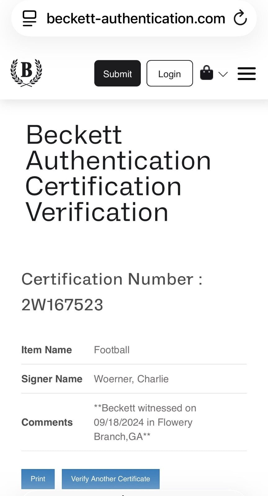 Charlie Woerner Signed Atlanta Falcons Football Beckett Authenticated