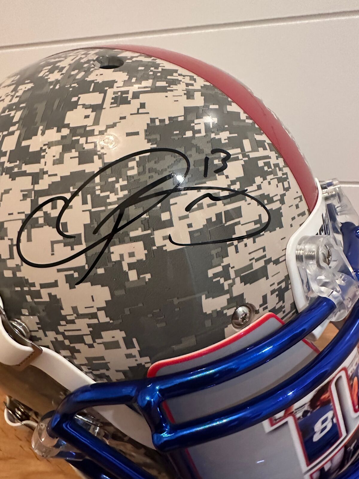 New York Giants Full-Size Schutt Camouflage Football Helmet Signed by Odell Beck