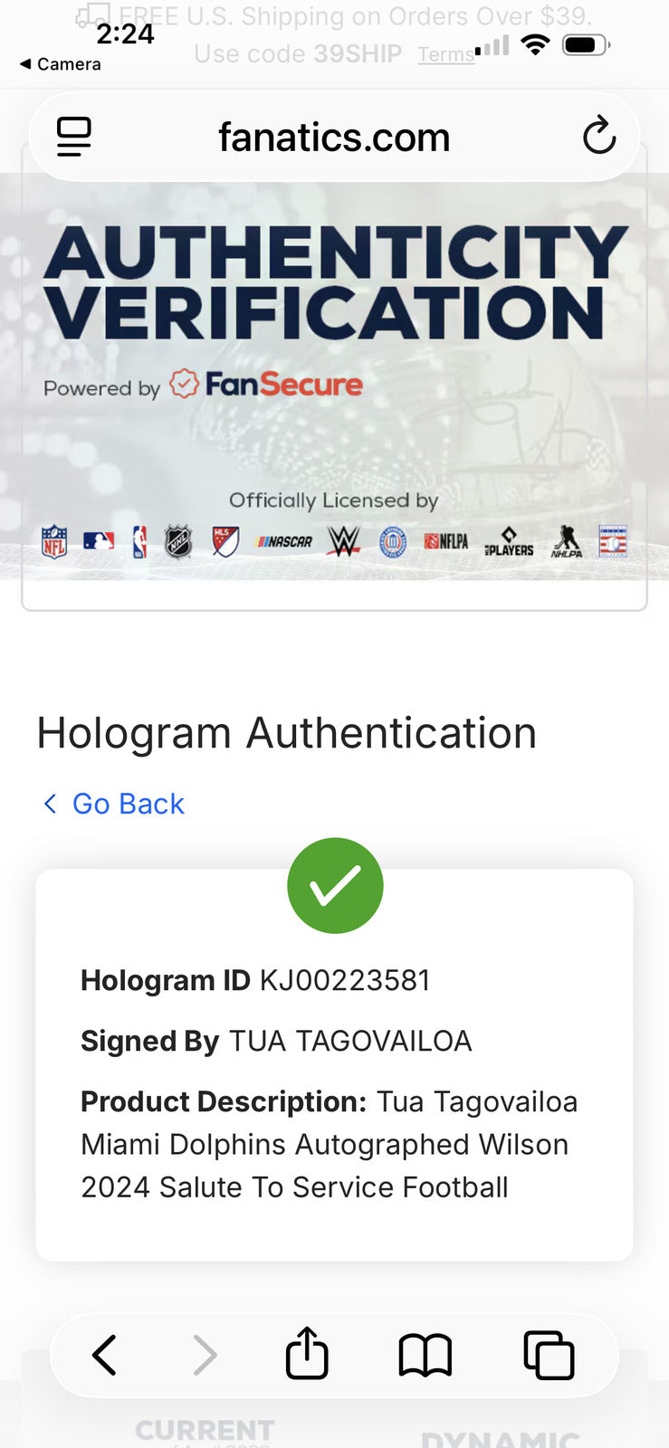 Tua Tagovailoa Signed 2024 Miami Dolphins Wilson NFL Salute To Service Football,