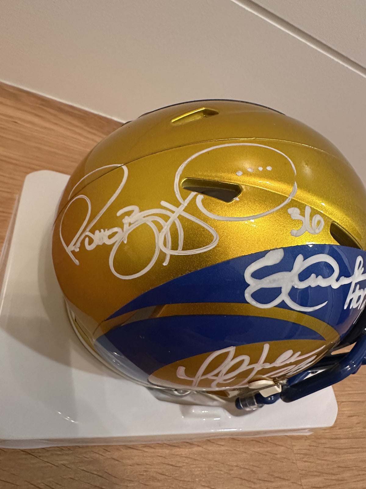 Eric Dickerson / Marshall Faulk / Jerome Bettis Rams Triple Signed Mini Helmet –