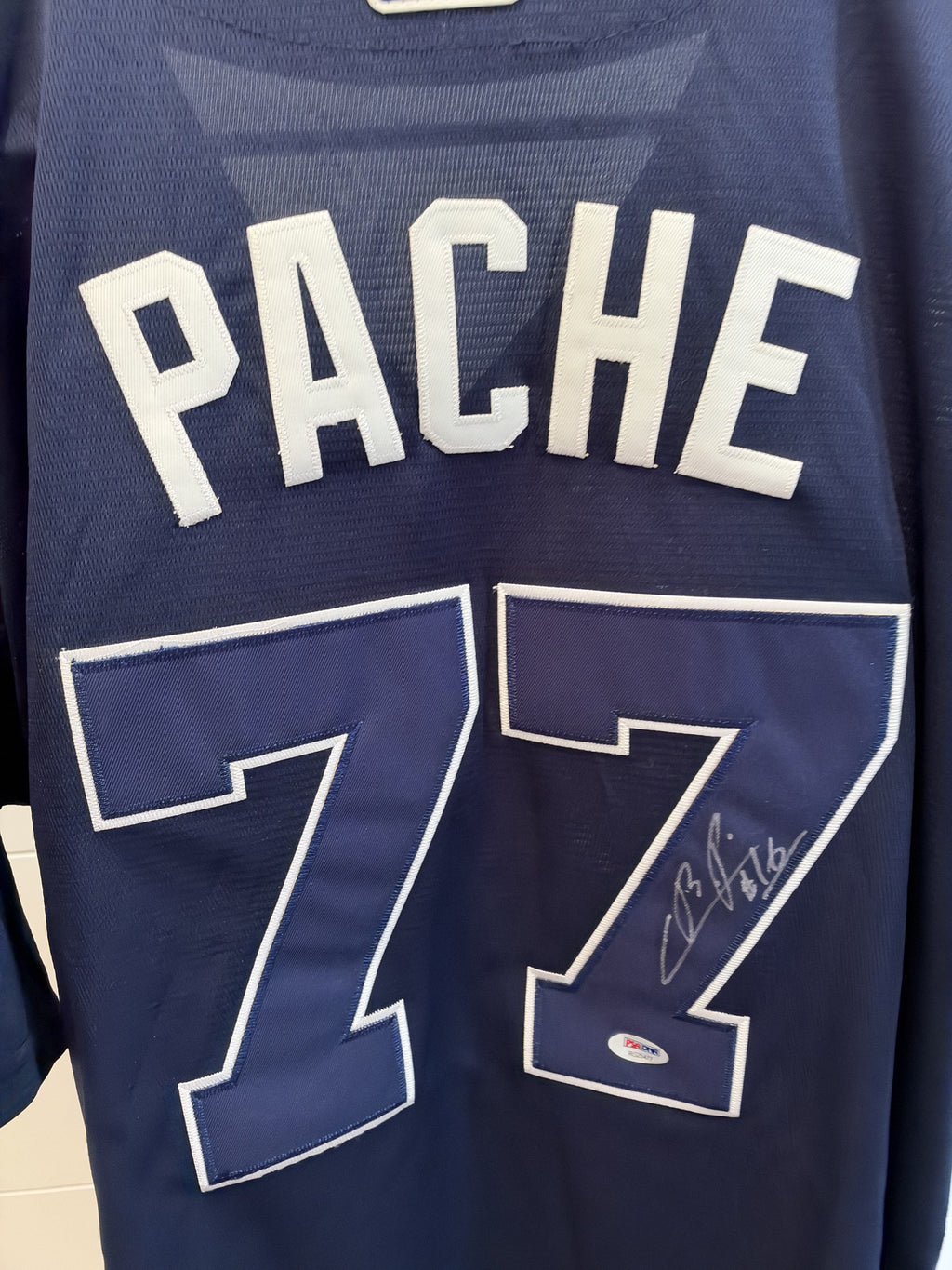 Cristian Pache Signed Braves Majestic Cool Base Jersey XL Navy PSA DNA COA