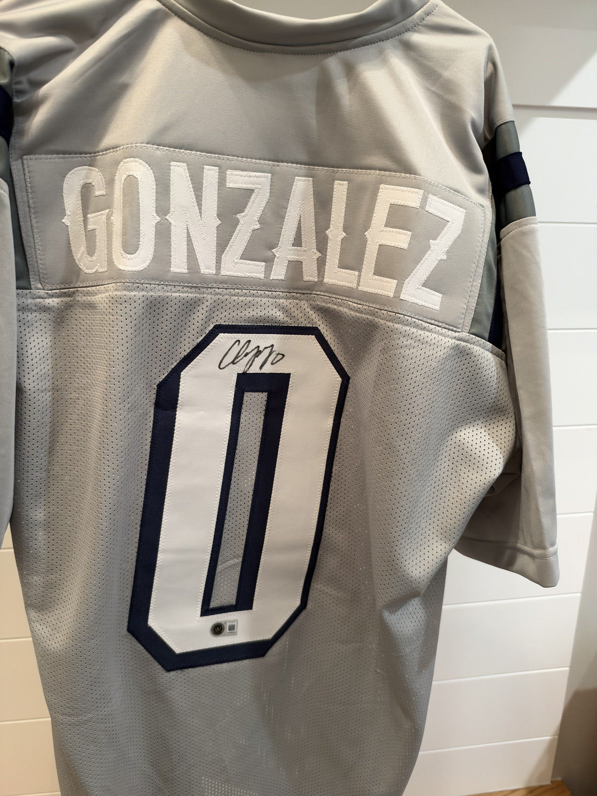Christian Gonzalez Signed Patriots #0 Gray Custom Jersey Beckett Witnessed BAS