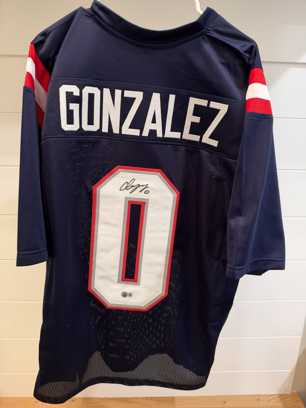 Christian Gonzalez Signed Patriots #0 Navy Custom Jersey XL Beckett Witnessed