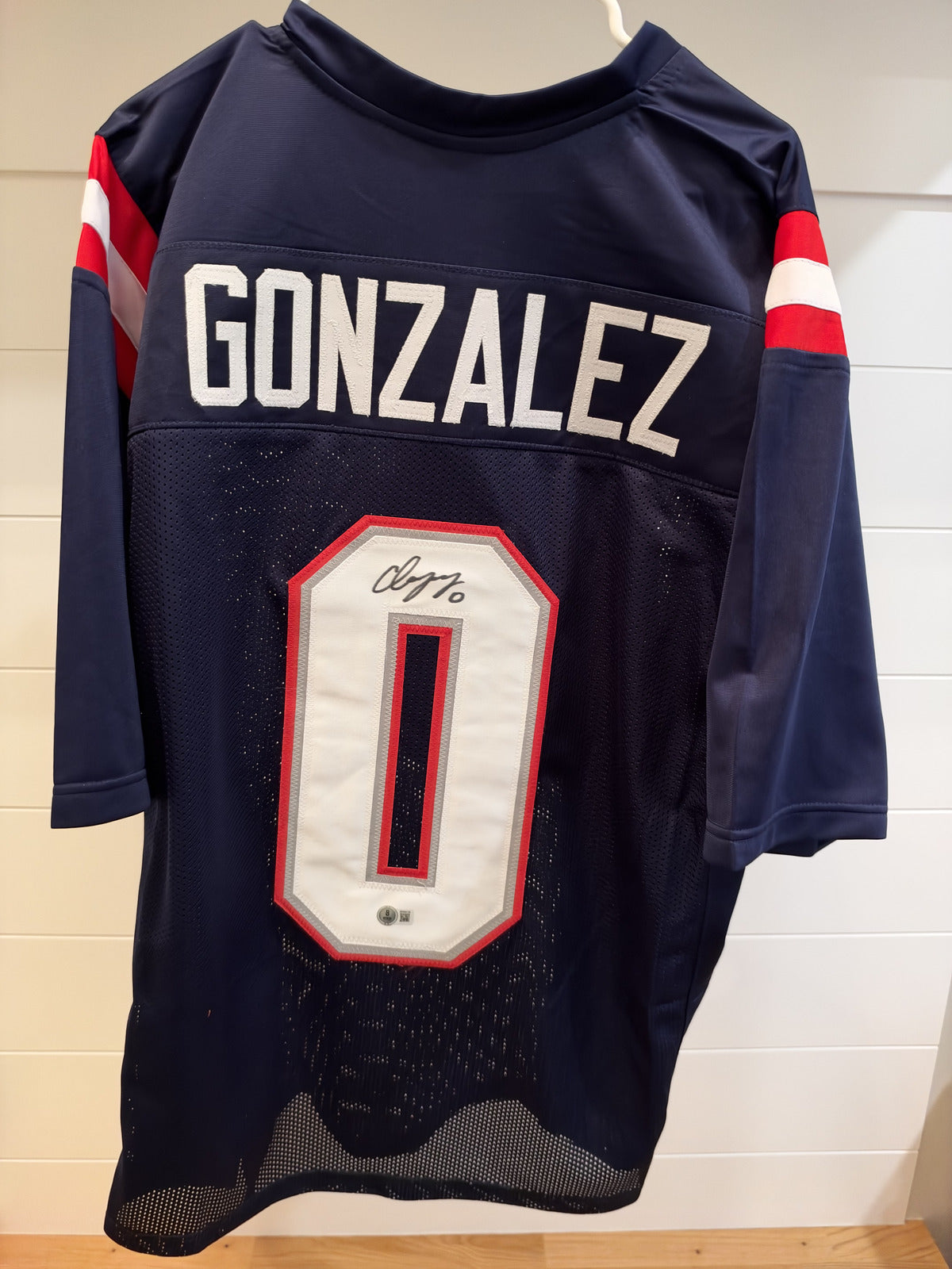 Christian Gonzalez Signed Patriots #0 Navy Custom Jersey XL Beckett Witnessed