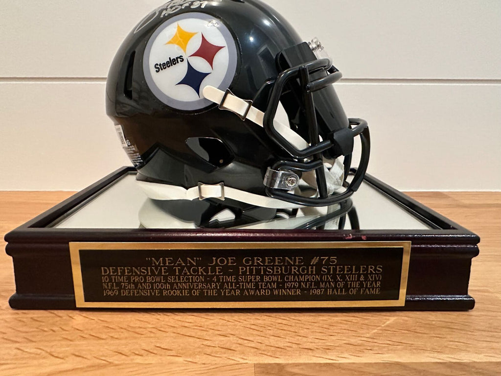 Mean Joe Greene Signed Steelers Riddell Mini Helmet Beckett Witnessed + Display