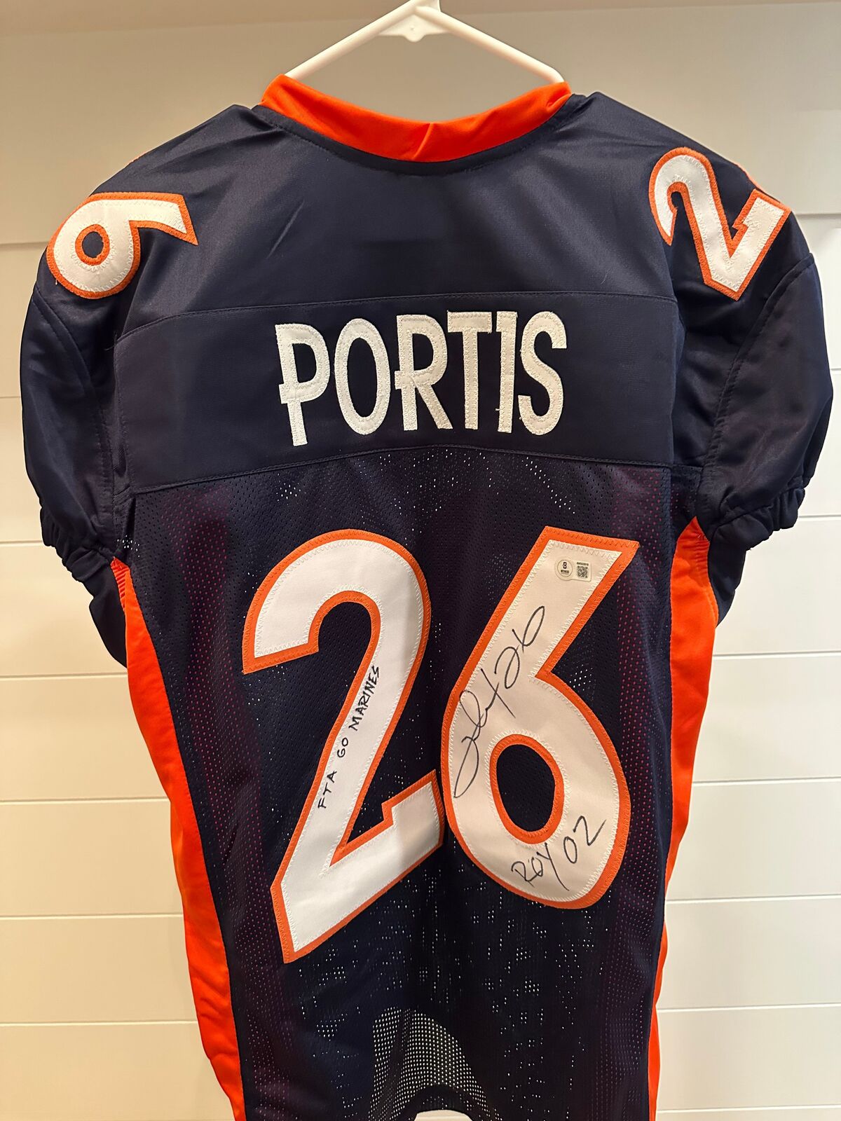 Clinton Portis Signed Denver Broncos #26 Jersey – “FTA Go Marines” & “ROY 02” –