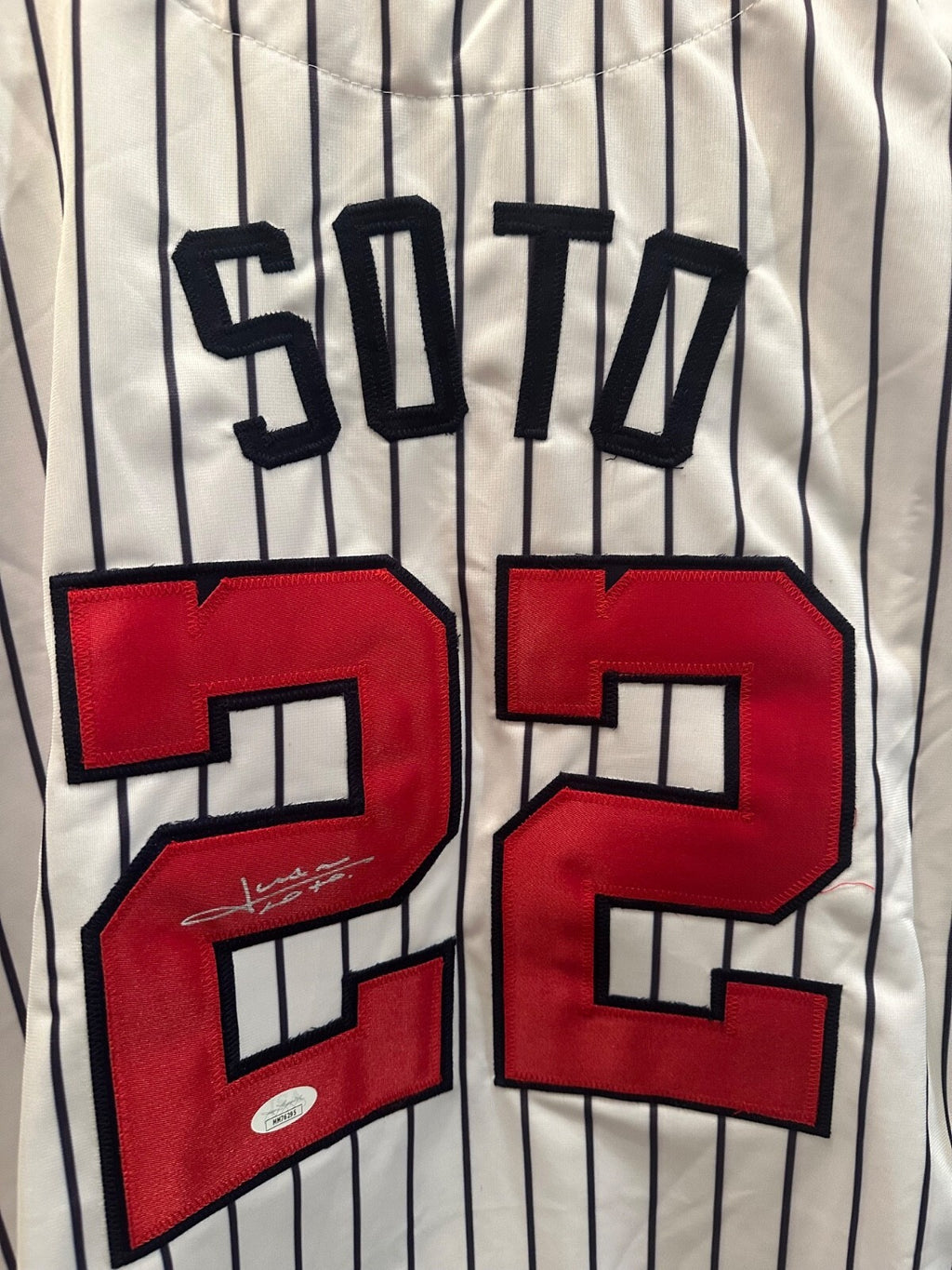 Juan Soto Signed New York Pinstripe Jersey #22 – JSA Witnessed – Size XL