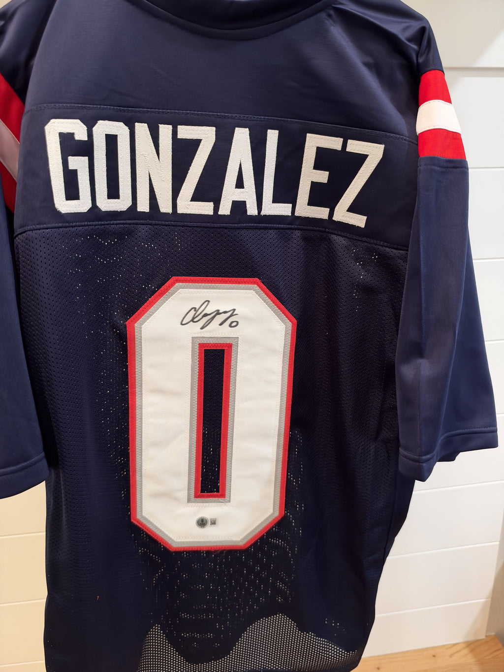 Christian Gonzalez Signed Patriots #0 Navy Custom Jersey XL Beckett Witnessed