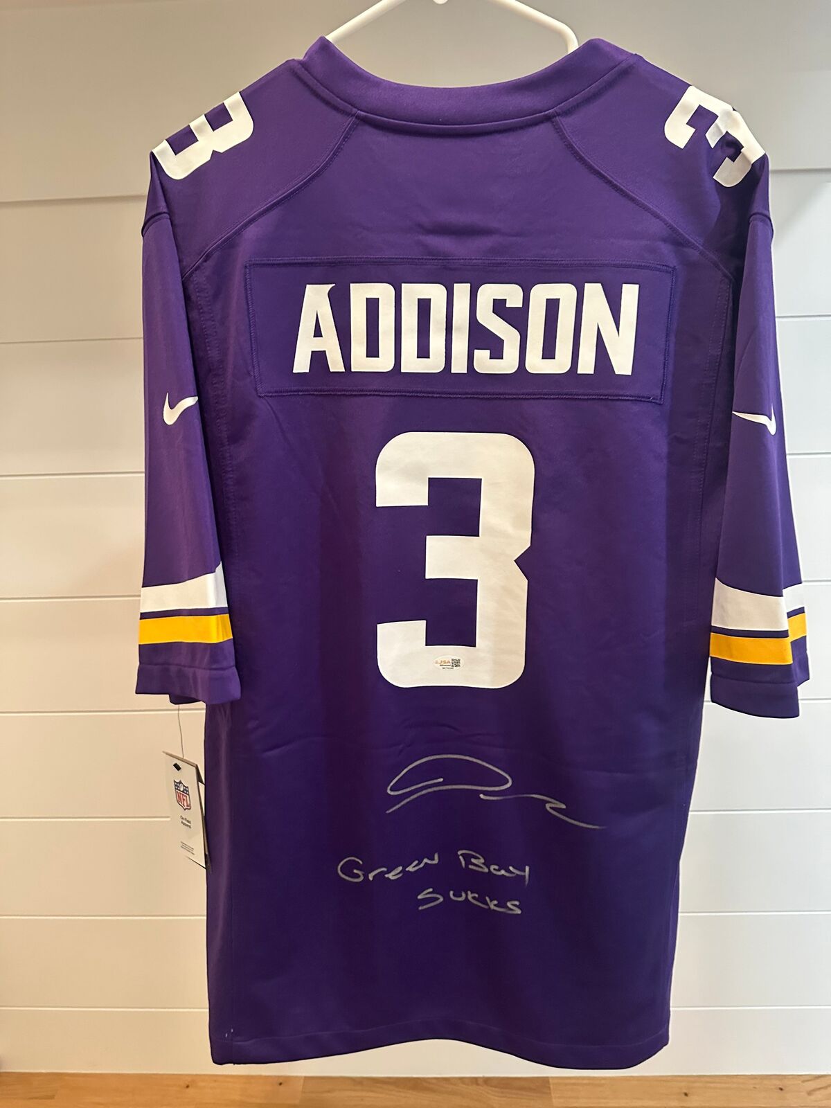 Jordan Addison Signed Vikings Nike Jersey – “Green Bay Sucks” – JSA  – Size L