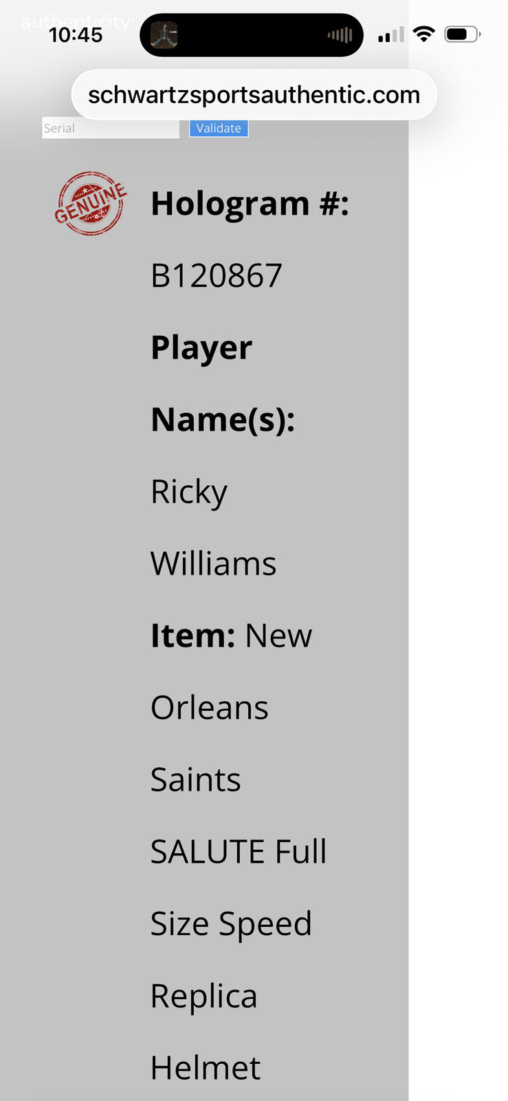 Ricky Williams Signed New Orleans Saints STS Full-Size Replica Helmet