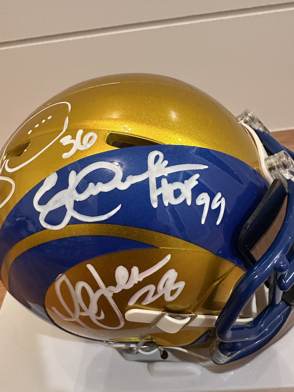 Eric Dickerson / Marshall Faulk / Jerome Bettis Rams Triple Signed Mini Helmet –