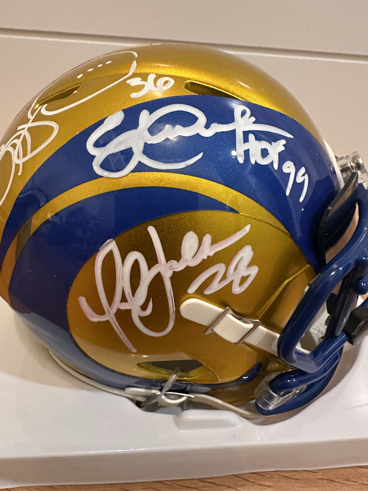 Eric Dickerson / Marshall Faulk / Jerome Bettis Rams Triple Signed Mini Helmet –