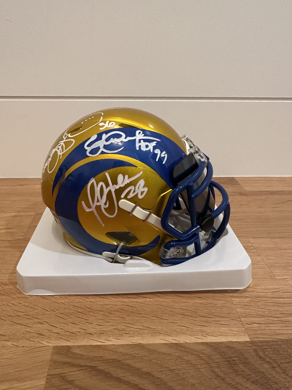 Eric Dickerson / Marshall Faulk / Jerome Bettis Rams Triple Signed Mini Helmet –