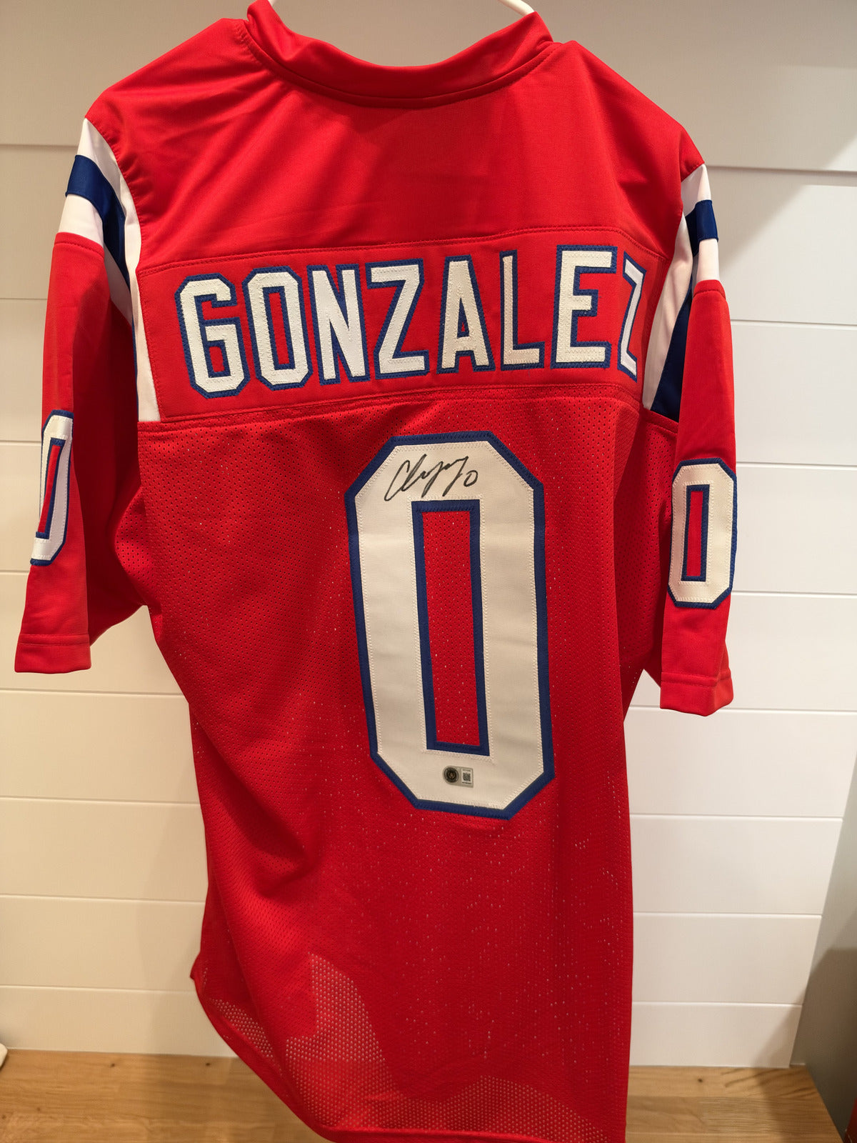 Christian Gonzalez Signed Patriots #0 Red Custom Jersey Beckett Witnessed BAS