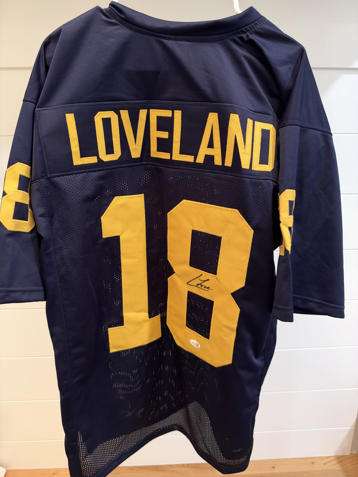 Colston Loveland Signed Michigan #18 Navy Custom Jersey JSA Witnessed Autograph