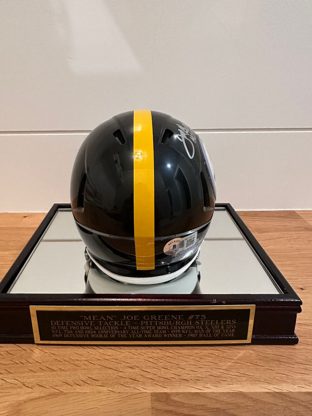 Mean Joe Greene Signed Steelers Riddell Mini Helmet Beckett Witnessed + Display