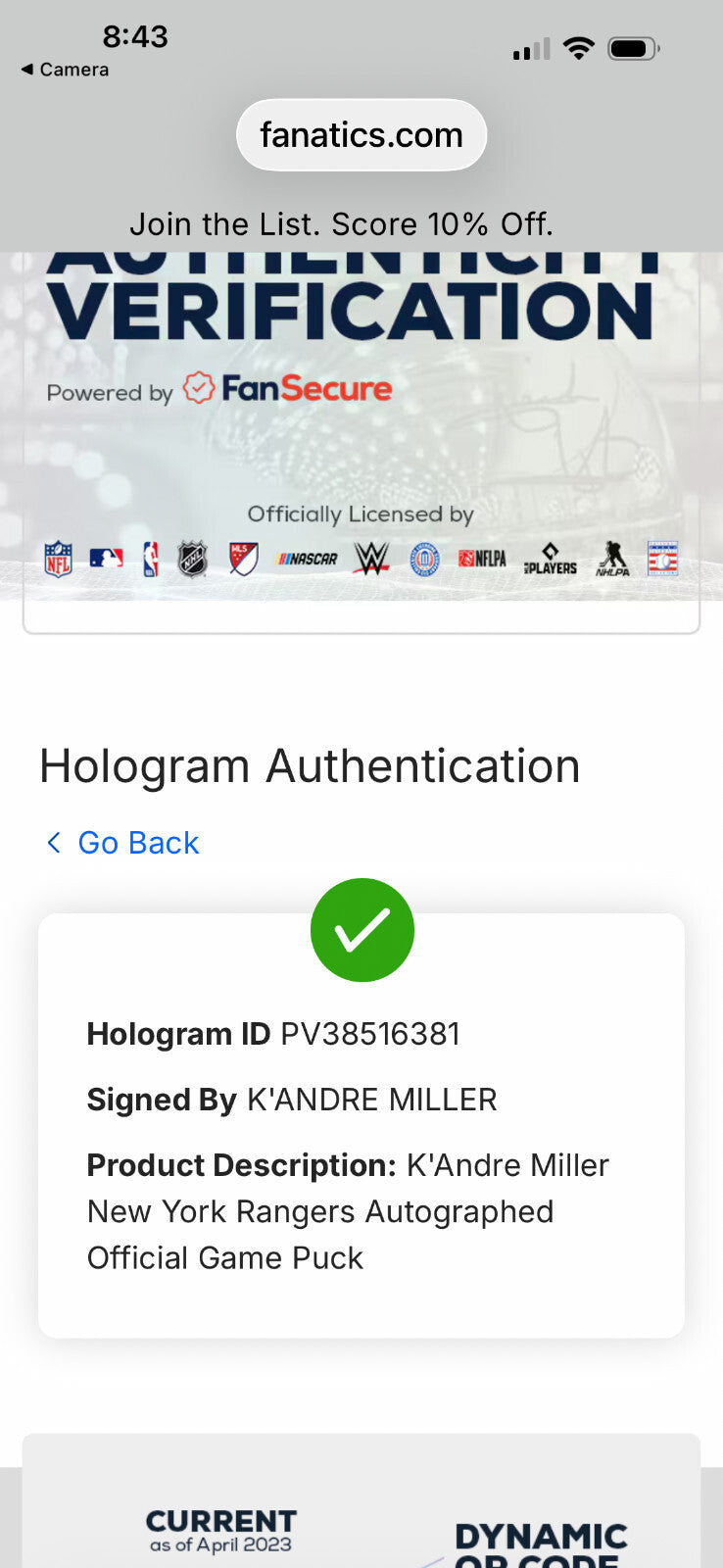 K’Andre Miller Signed Rangers Official Game Puck – Fanatics Authenticated