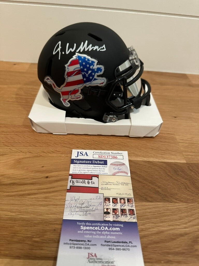 Jameson Williams Signed Lions Patriotic Riddell Mini Helmet JSA Signature Debut