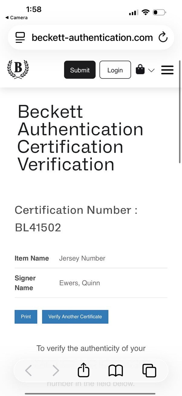 Quinn Ewers Signed Football Jersey with Beckett Authentication