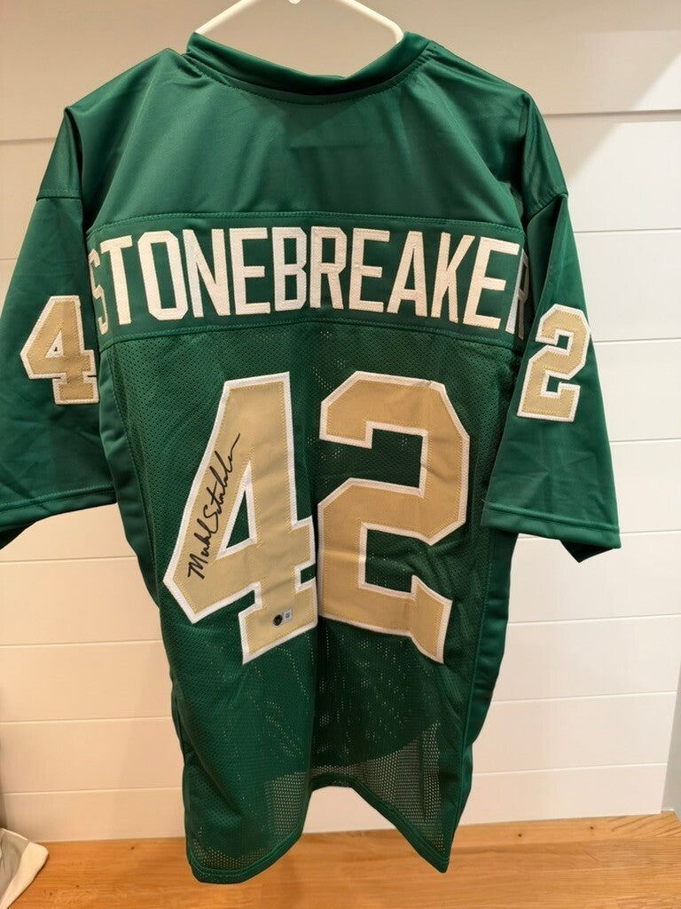 Mike Stonebreaker Signed Notre Dame #42 Green Custom Jersey Beckett Witness