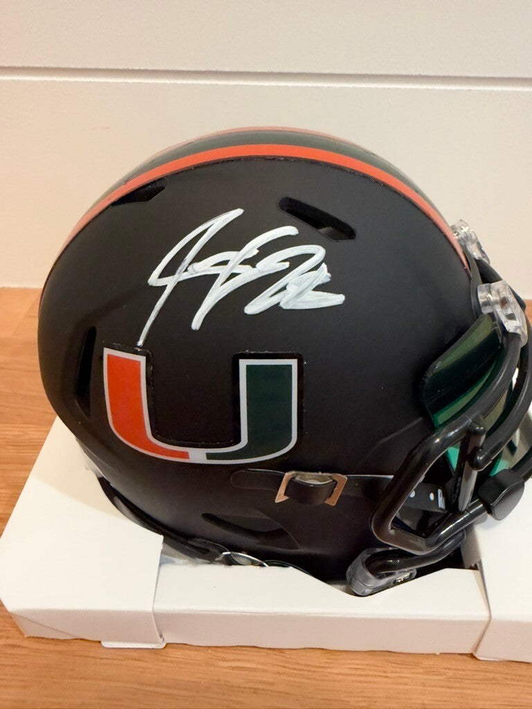 Jeremy Shockey Signed Miami Hurricanes Black Speed Mini Helmet Leaf COA Visor