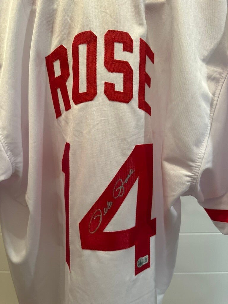 Pete Rose Signed Hit King White Custom Jersey #14 XL Beckett