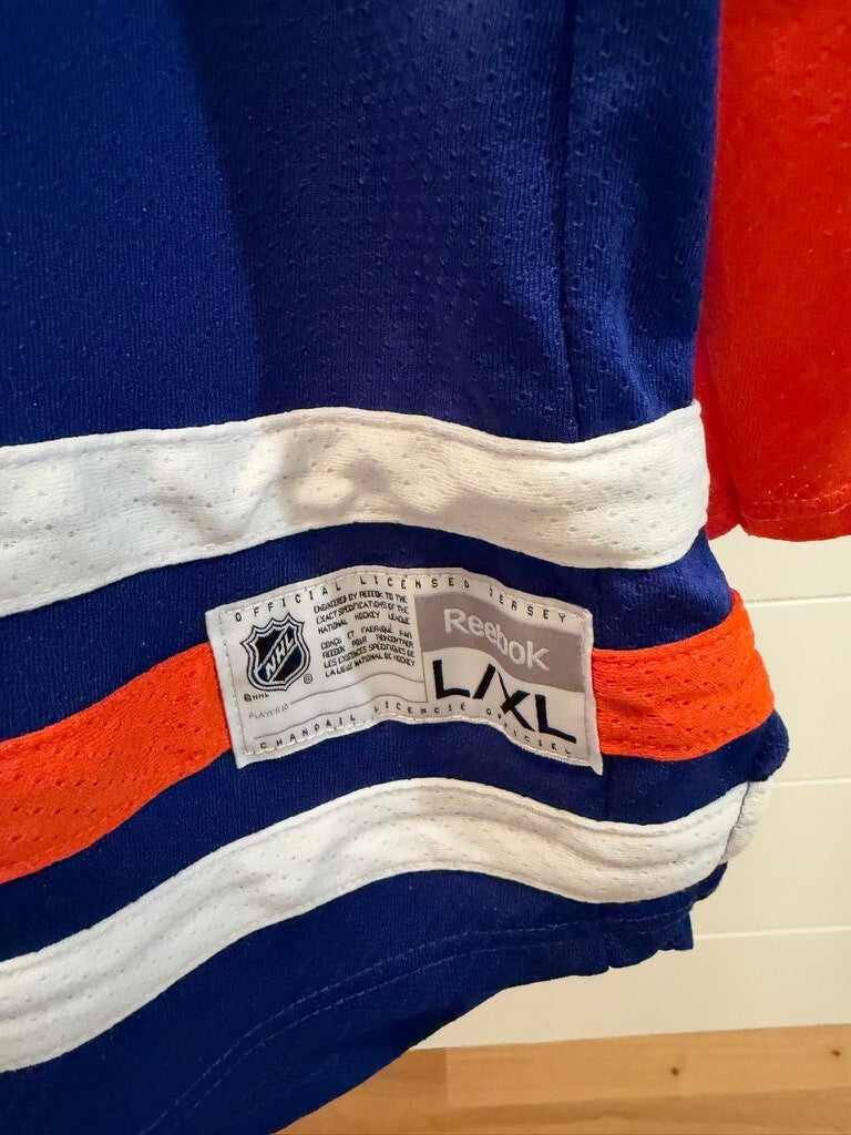 Taylor Hall Edmonton Oilers #4 Reebok Youth L/XL Blue Orange NHL Hockey Jersey
