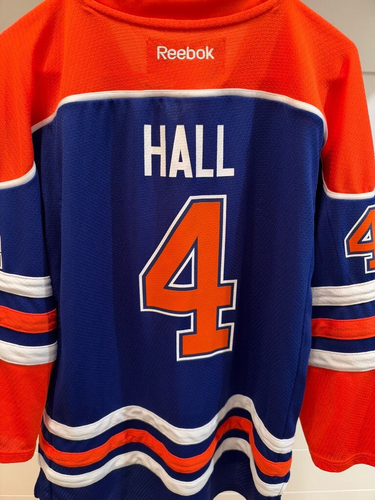 Taylor Hall Edmonton Oilers #4 Reebok Youth L/XL Blue Orange NHL Hockey Jersey