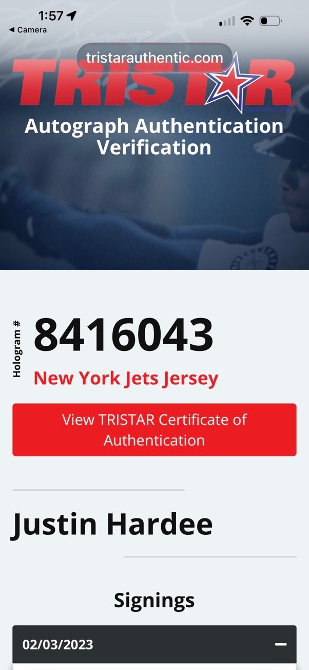 Justin Hardee Signed New York Jets #34 Football Jersey with TRISTAR Authenticity