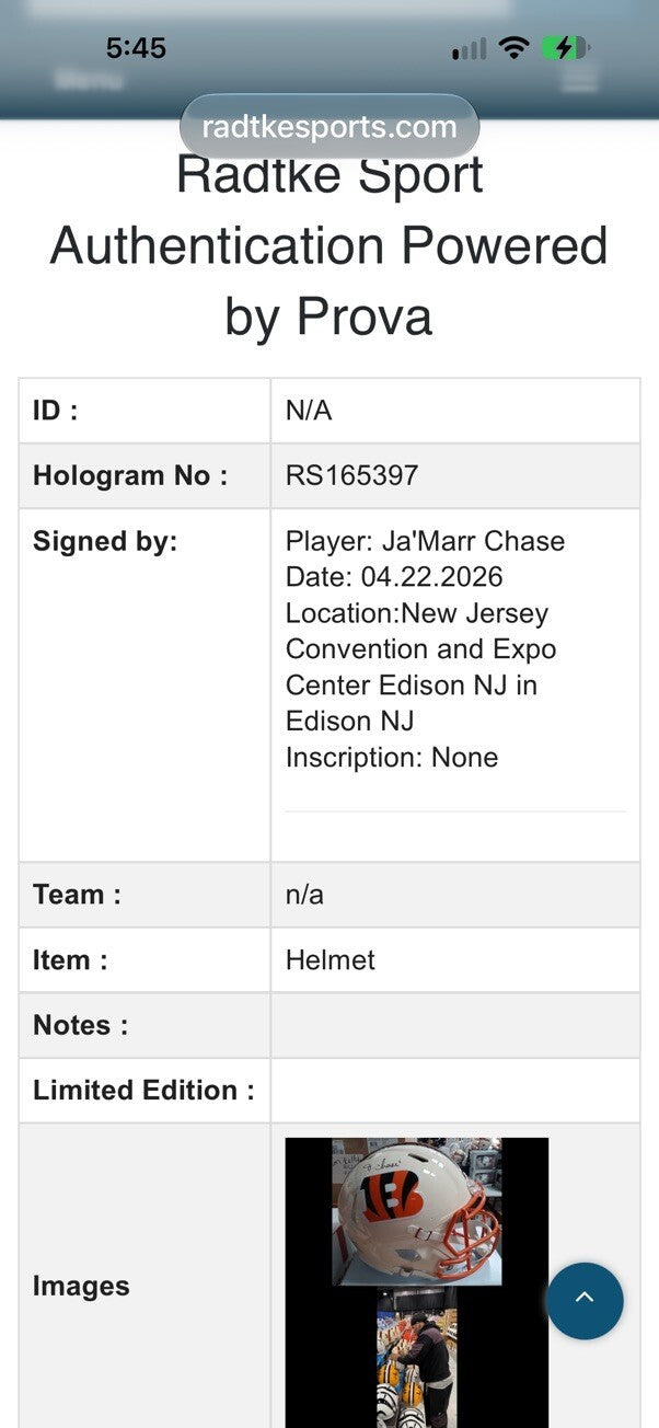 Ja’Marr Chase Signed Cincinnati Bengals Radtke Sports Certified Riddell Speed