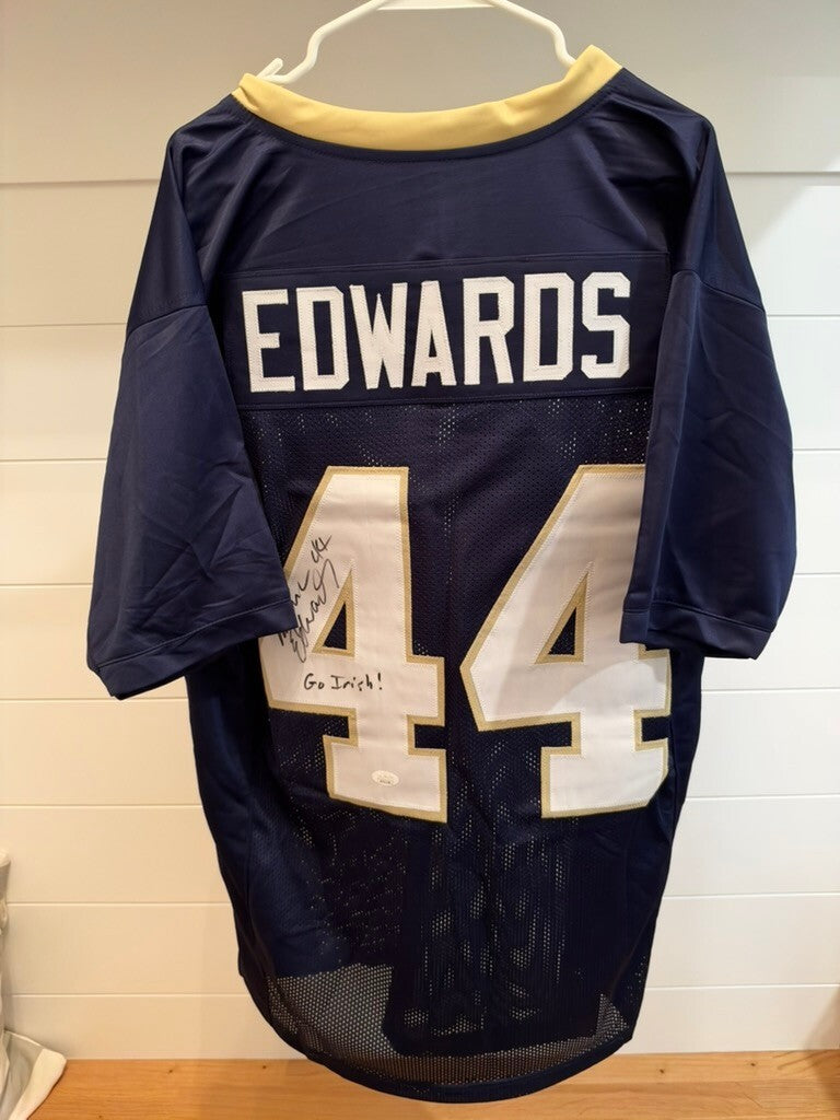 Marc Edwards Signed Notre Dame #44 Navy Custom Jersey Go Irish Inscription JSA