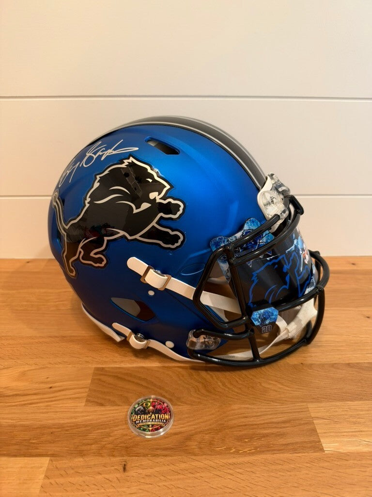 Barry Sanders Signed Lions Blue Chrome Authentic Speed Helmet BAS Visor