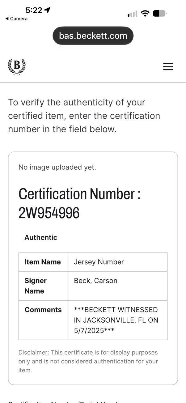 Carson Beck Signed Miami Hurricanes #11 Jersey BAS Witnessed COA