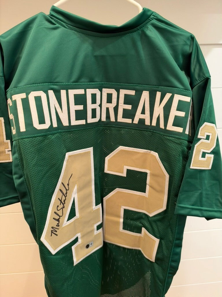 Mike Stonebreaker Signed Notre Dame #42 Green Custom Jersey Beckett Witness