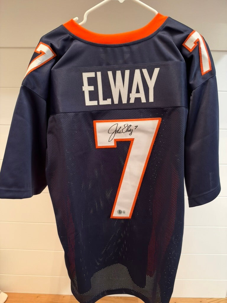 John Elway Signed Denver Broncos #7 Navy Custom Jersey Beckett Witness