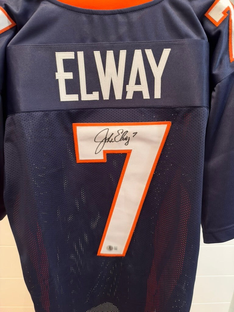 John Elway Signed Denver Broncos #7 Navy Custom Jersey Beckett Witness