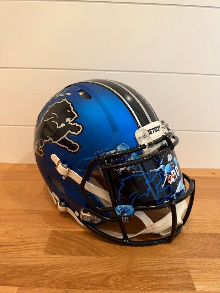 Barry Sanders Signed Lions Blue Chrome Authentic Speed Helmet BAS Visor